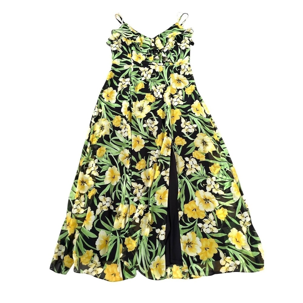 Bar III Floral Maxi Dress Women Large Black Yellow Excellent Ruffle Slit V-Neck - Picture 14 of 16
